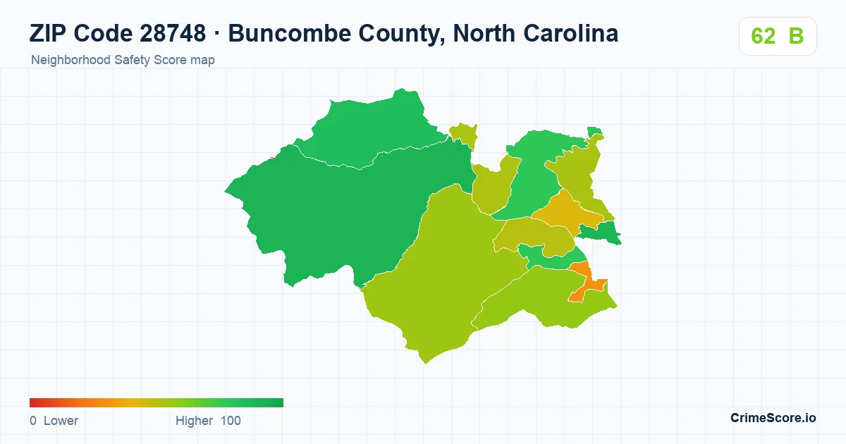ZIP Code 28748 in Buncombe County, North Carolina neighborhood Safety Score map