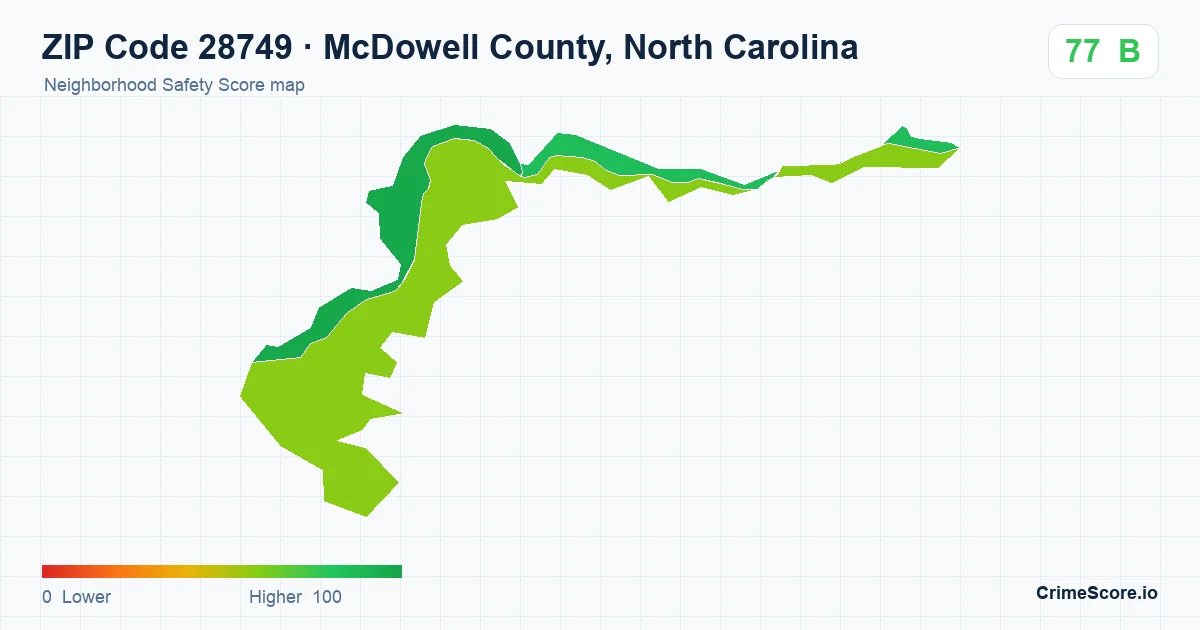 ZIP Code 28749 in McDowell County, North Carolina neighborhood Safety Score map