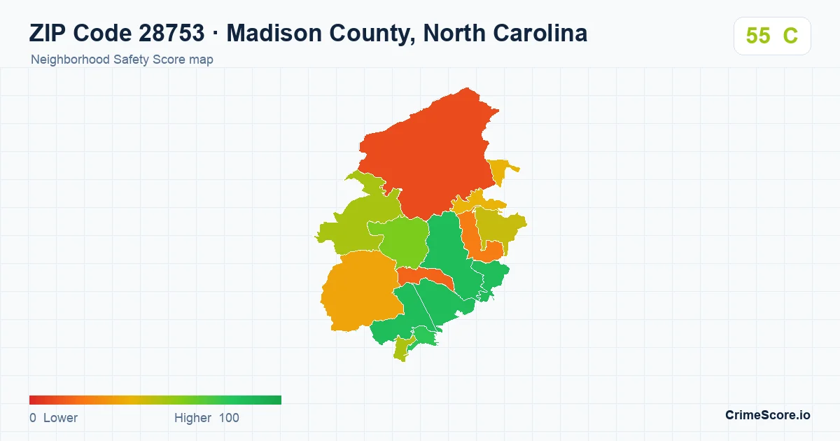 ZIP Code 28753 in Madison County, North Carolina neighborhood Safety Score map