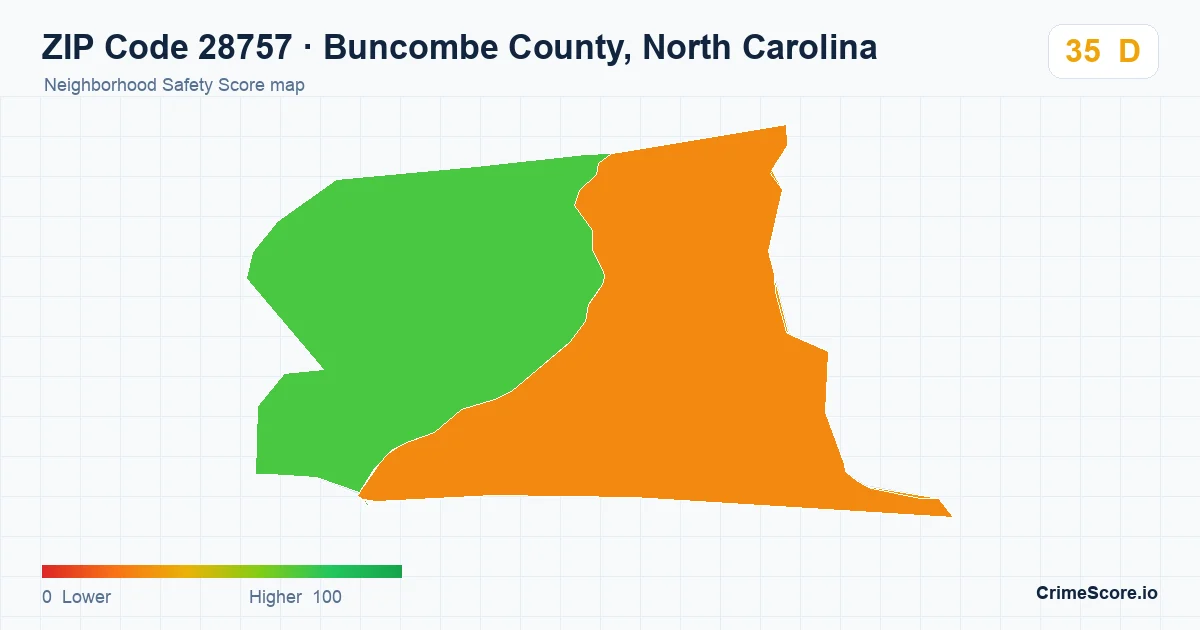 ZIP Code 28757 in Buncombe County, North Carolina neighborhood Safety Score map