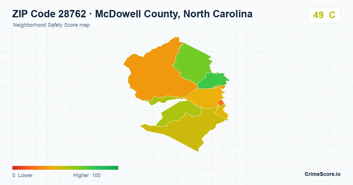 ZIP Code 28762 in McDowell County, North Carolina neighborhood Safety Score map