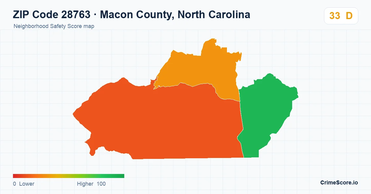ZIP Code 28763 in Macon County, North Carolina neighborhood Safety Score map