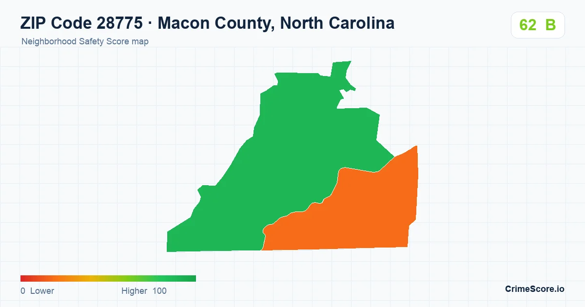 ZIP Code 28775 in Macon County, North Carolina neighborhood Safety Score map