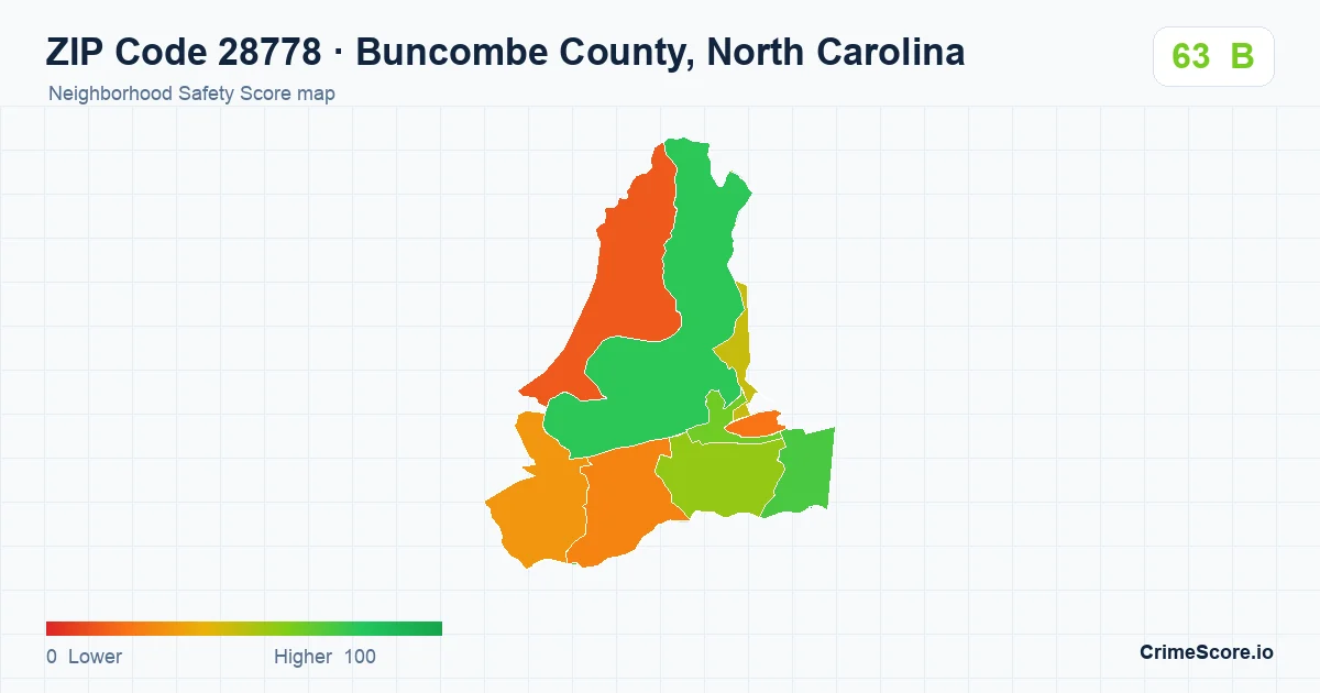ZIP Code 28778 in Buncombe County, North Carolina neighborhood Safety Score map