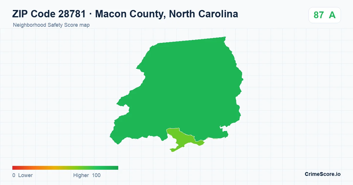 ZIP Code 28781 in Macon County, North Carolina neighborhood Safety Score map