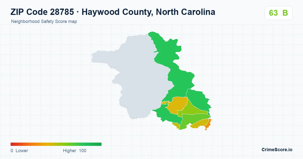 ZIP Code 28785 in Haywood County, North Carolina neighborhood Safety Score map