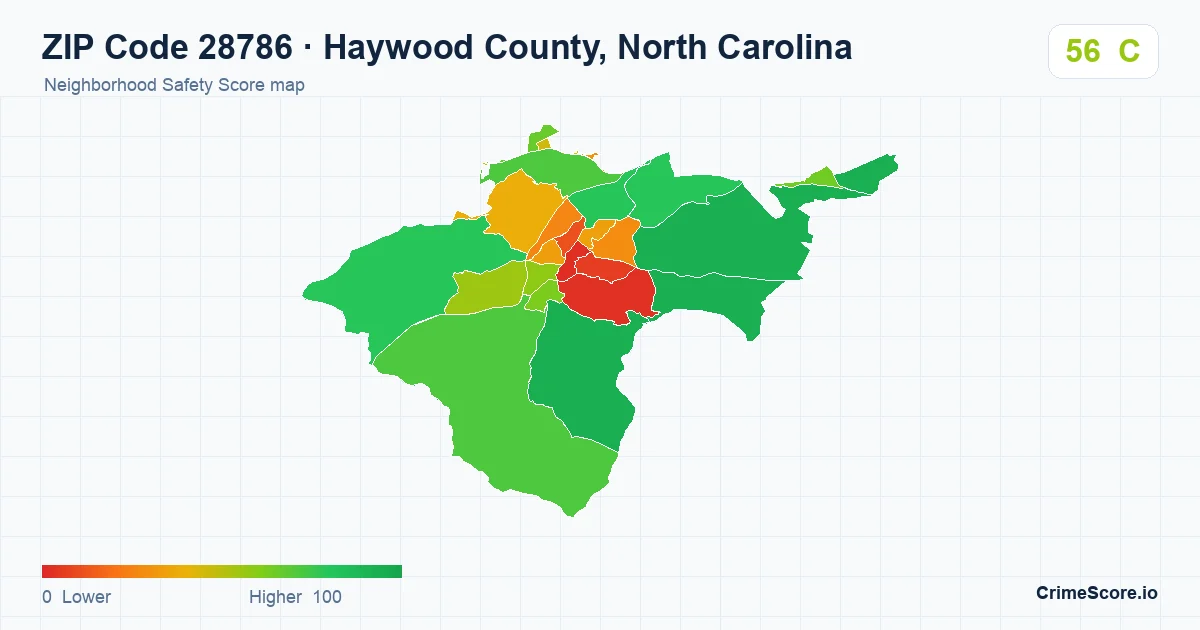 ZIP Code 28786 in Haywood County, North Carolina neighborhood Safety Score map