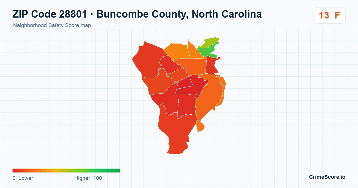 ZIP Code 28801 in Buncombe County, North Carolina neighborhood Safety Score map