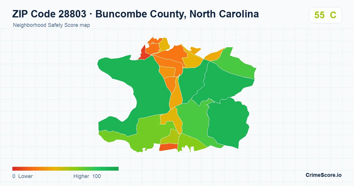 ZIP Code 28803 in Buncombe County, North Carolina neighborhood Safety Score map