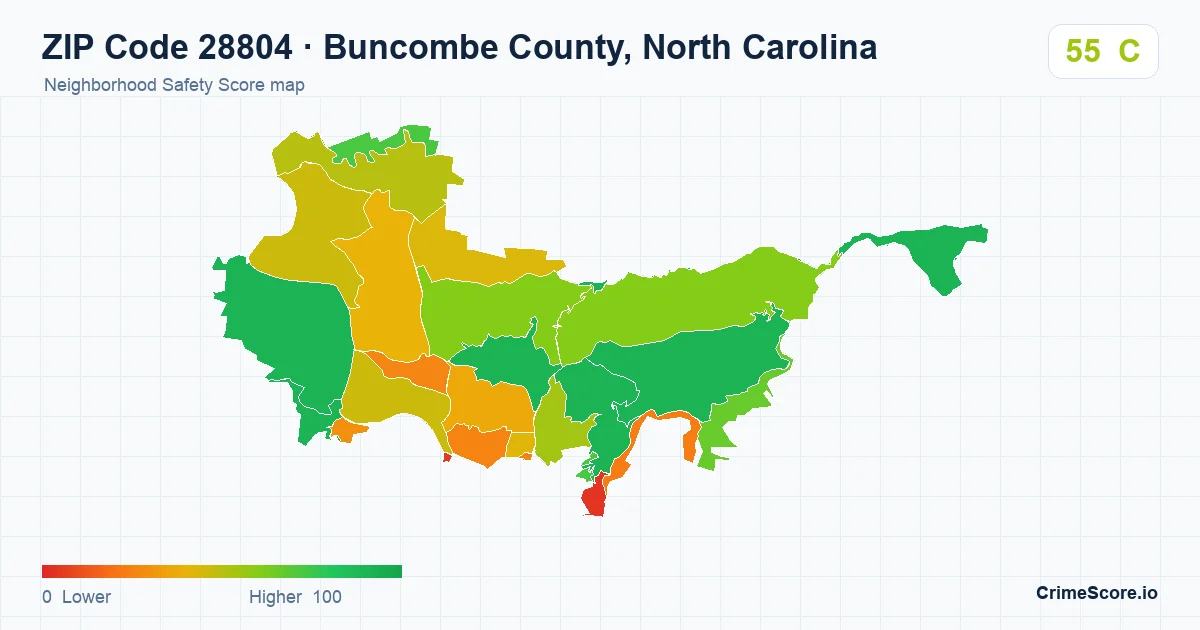 ZIP Code 28804 in Buncombe County, North Carolina neighborhood Safety Score map