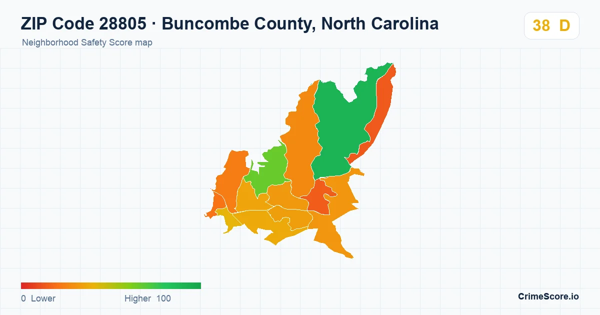 ZIP Code 28805 in Buncombe County, North Carolina neighborhood Safety Score map