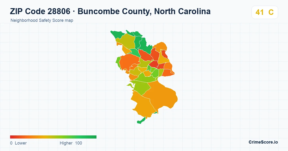 ZIP Code 28806 in Buncombe County, North Carolina neighborhood Safety Score map