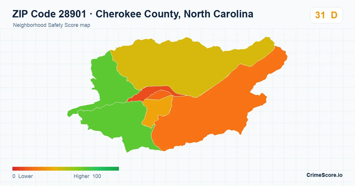 ZIP Code 28901 in Cherokee County, North Carolina neighborhood Safety Score map