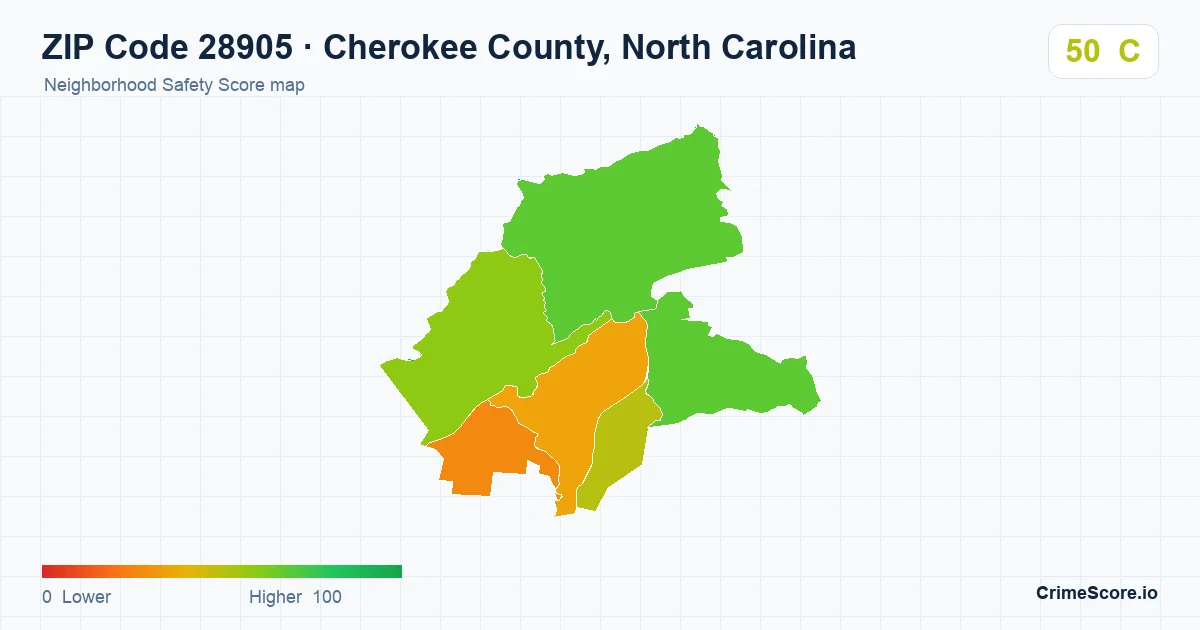 ZIP Code 28905 in Cherokee County, North Carolina neighborhood Safety Score map