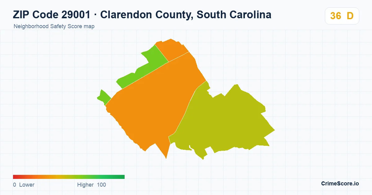 ZIP Code 29001 in Clarendon County, South Carolina neighborhood Safety Score map