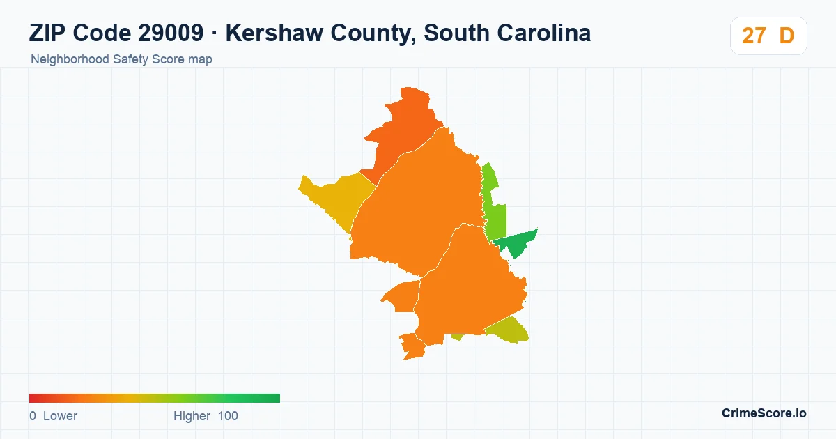 ZIP Code 29009 in Kershaw County, South Carolina neighborhood Safety Score map