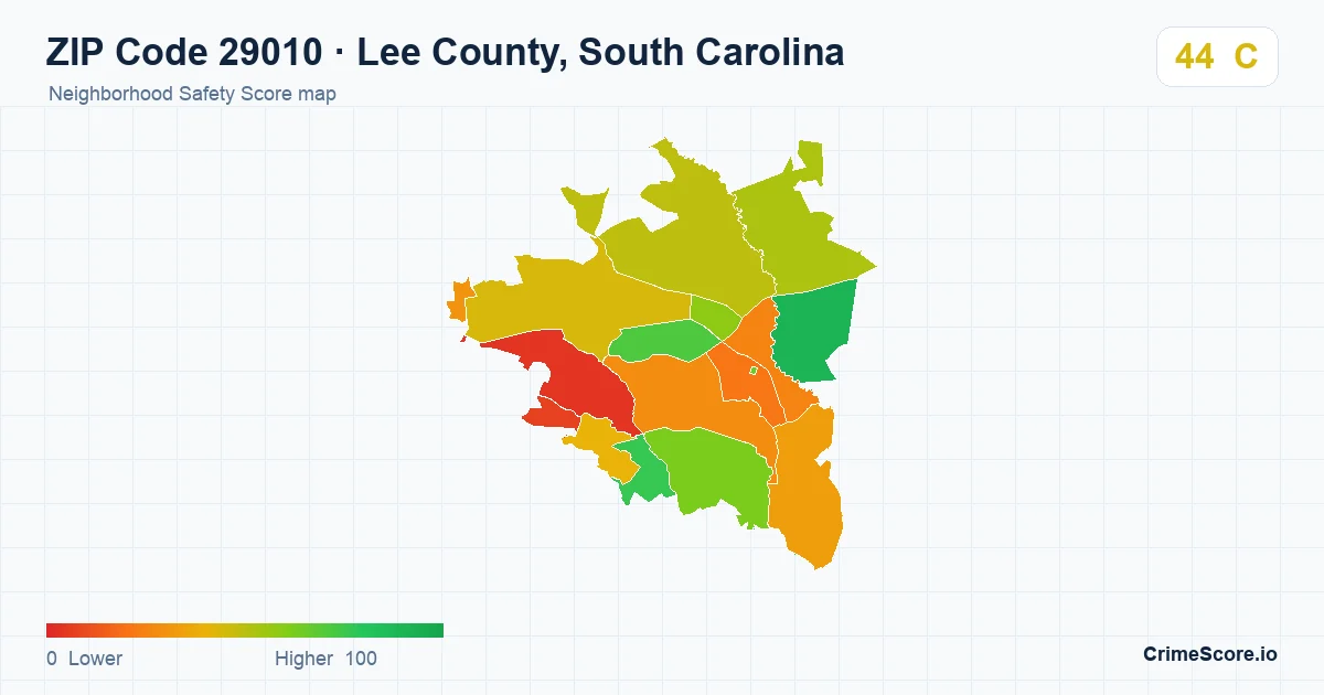 ZIP Code 29010 in Lee County, South Carolina neighborhood Safety Score map