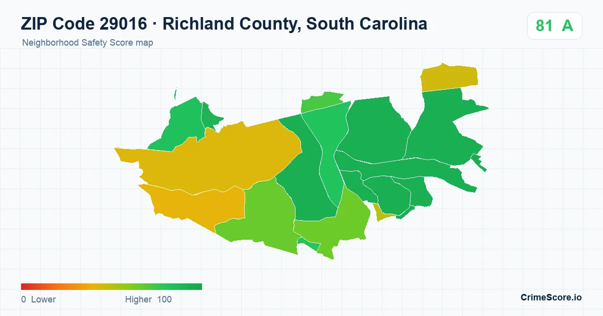 ZIP Code 29016 in Richland County, South Carolina neighborhood Safety Score map