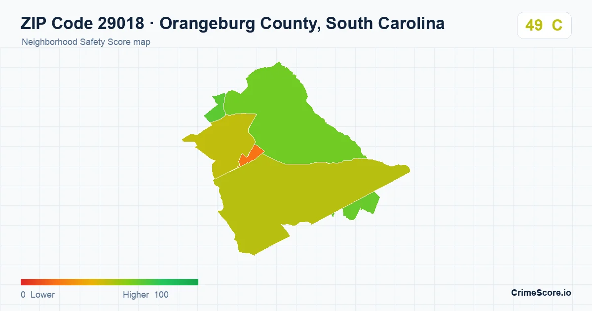 ZIP Code 29018 in Orangeburg County, South Carolina neighborhood Safety Score map