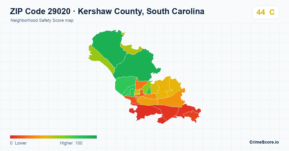 ZIP Code 29020 in Kershaw County, South Carolina neighborhood Safety Score map