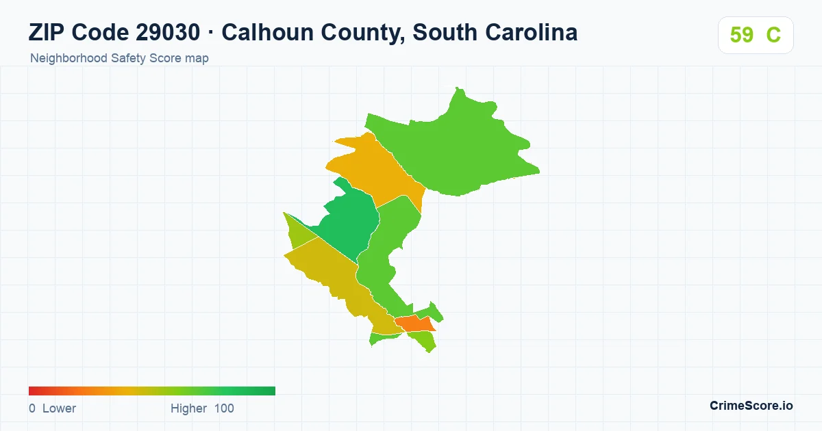 ZIP Code 29030 in Calhoun County, South Carolina neighborhood Safety Score map