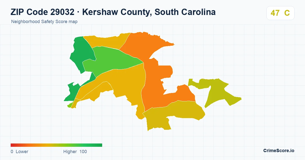 ZIP Code 29032 in Kershaw County, South Carolina neighborhood Safety Score map