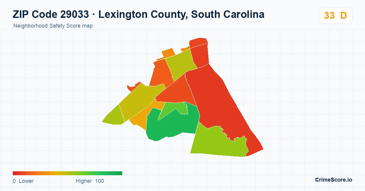 ZIP Code 29033 in Lexington County, South Carolina neighborhood Safety Score map