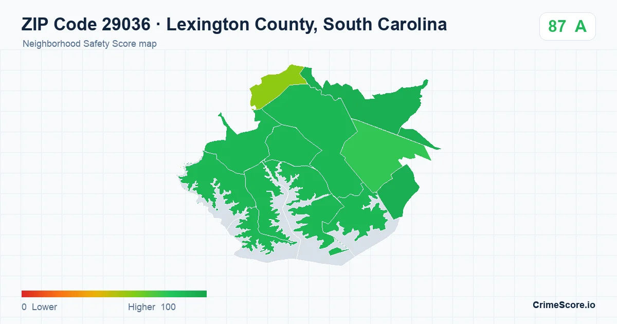 ZIP Code 29036 in Lexington County, South Carolina neighborhood Safety Score map