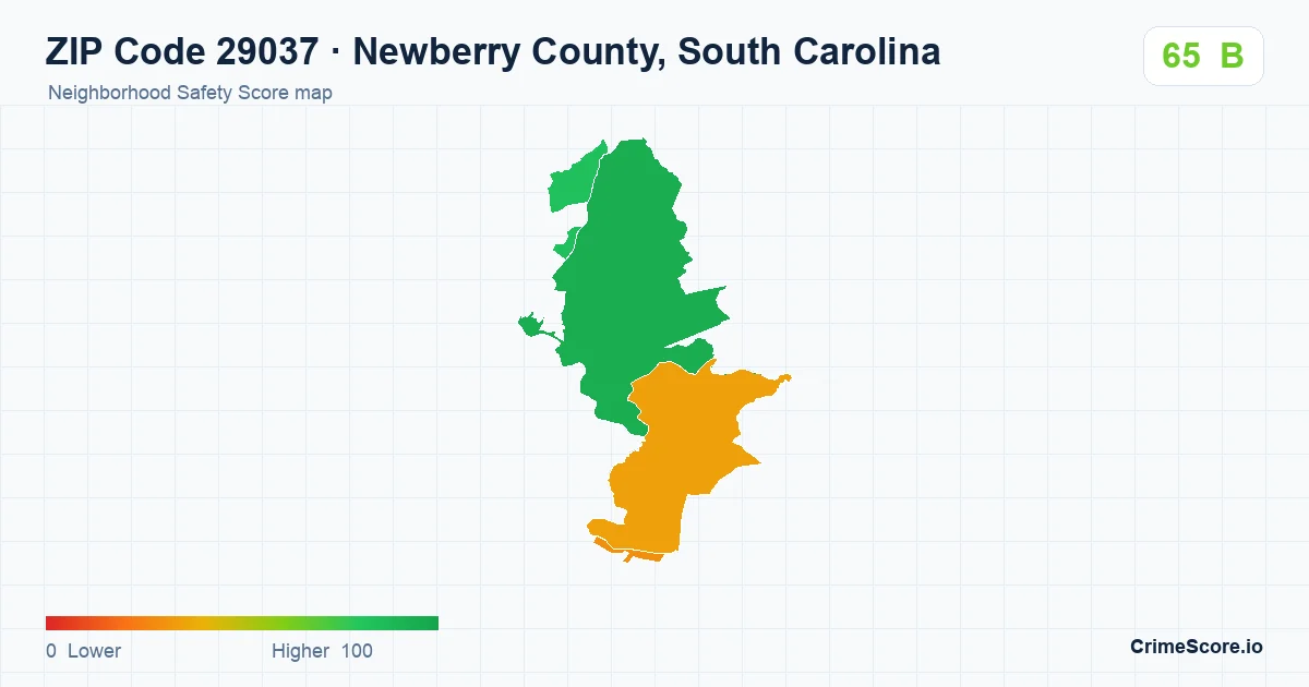 ZIP Code 29037 in Newberry County, South Carolina neighborhood Safety Score map