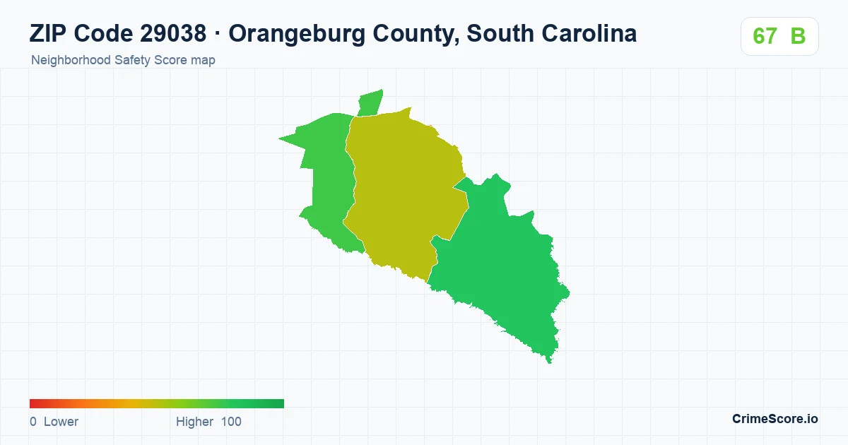 ZIP Code 29038 in Orangeburg County, South Carolina neighborhood Safety Score map