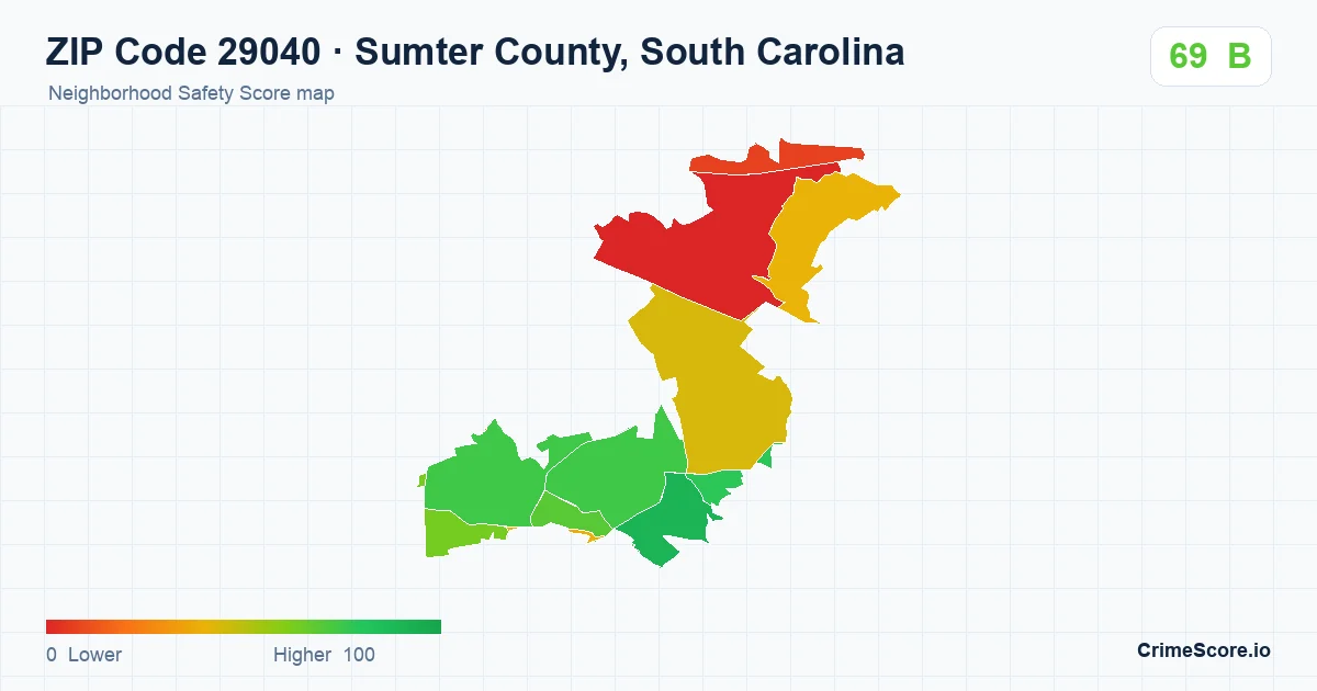 ZIP Code 29040 in Sumter County, South Carolina neighborhood Safety Score map