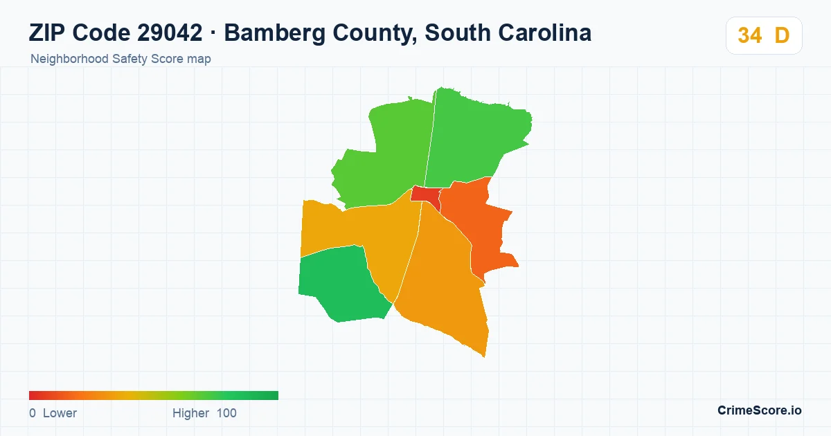 ZIP Code 29042 in Bamberg County, South Carolina neighborhood Safety Score map