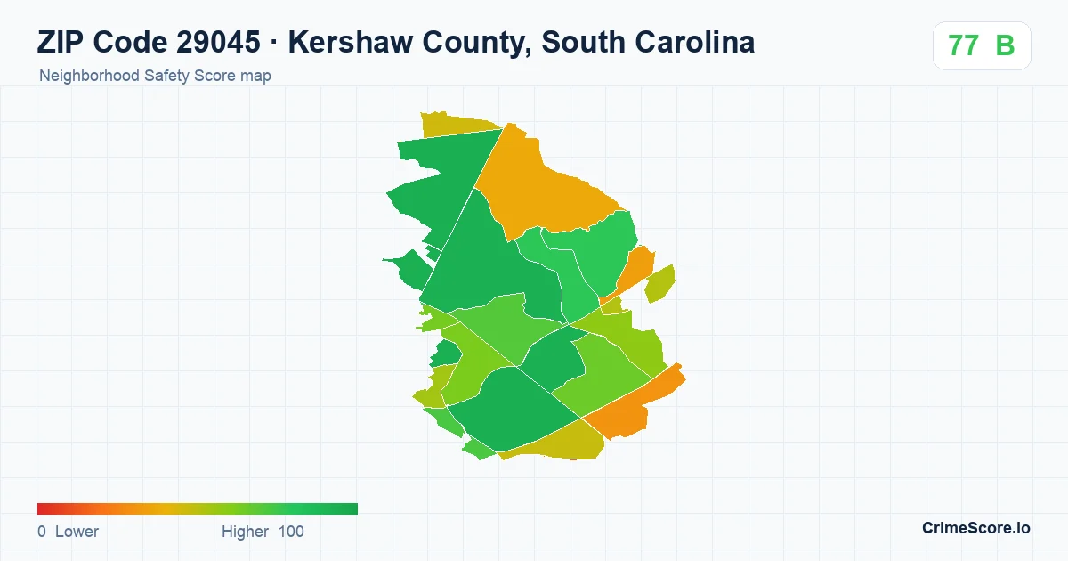 ZIP Code 29045 in Kershaw County, South Carolina neighborhood Safety Score map