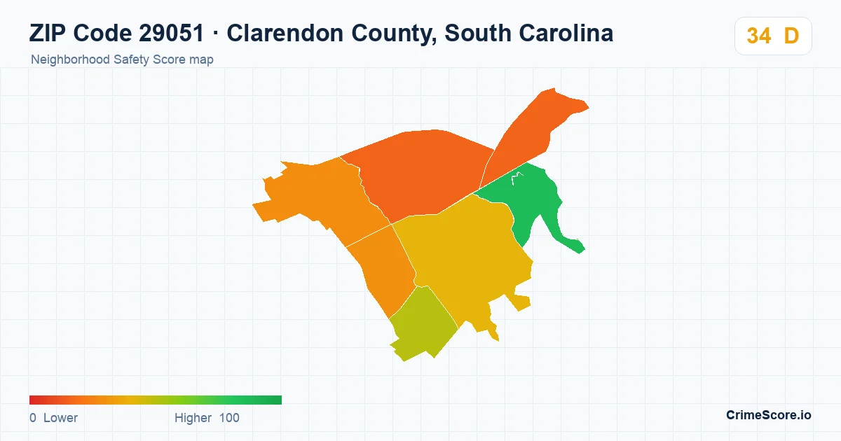 ZIP Code 29051 in Clarendon County, South Carolina neighborhood Safety Score map