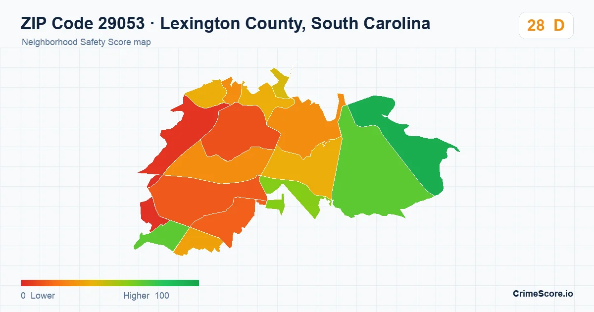 ZIP Code 29053 in Lexington County, South Carolina neighborhood Safety Score map