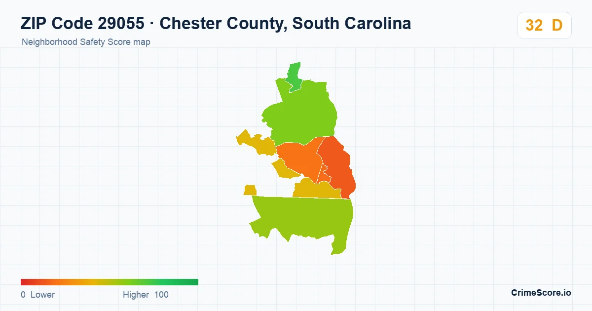 ZIP Code 29055 in Chester County, South Carolina neighborhood Safety Score map