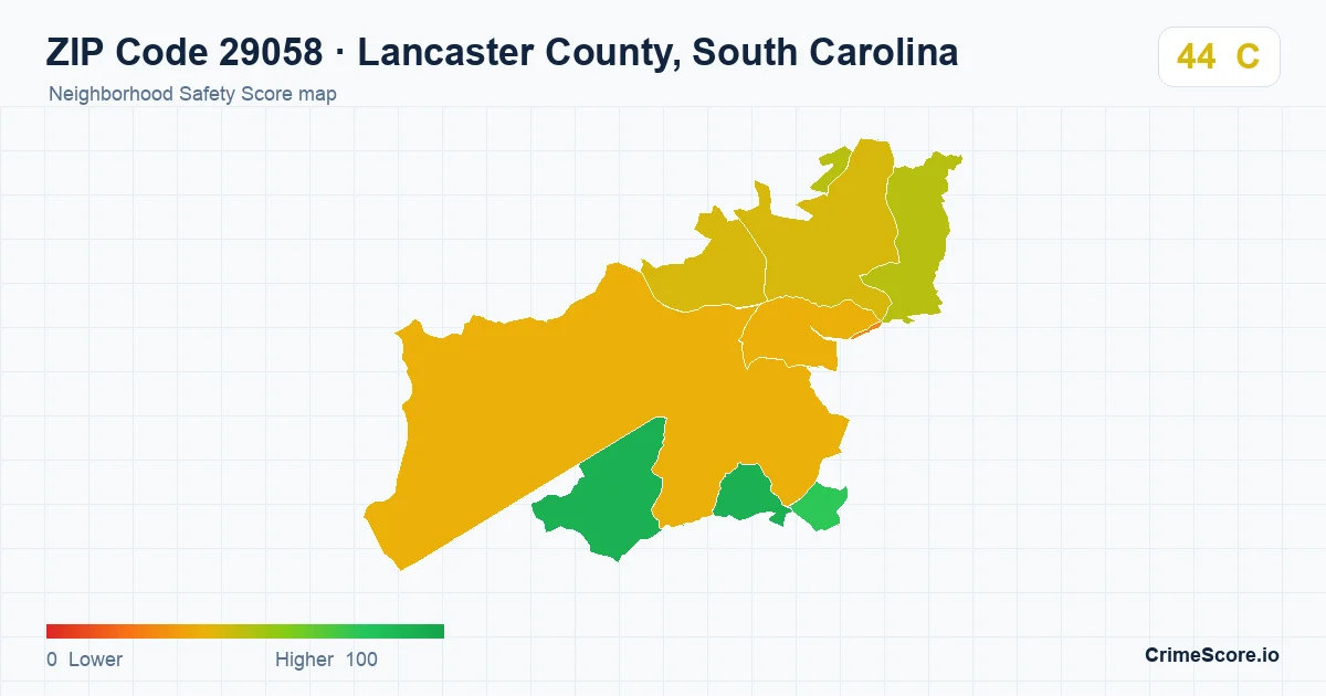 ZIP Code 29058 in Lancaster County, South Carolina neighborhood Safety Score map
