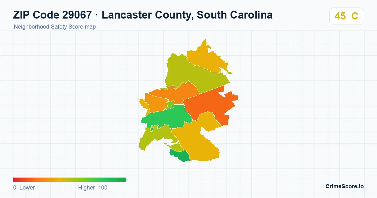 ZIP Code 29067 in Lancaster County, South Carolina neighborhood Safety Score map