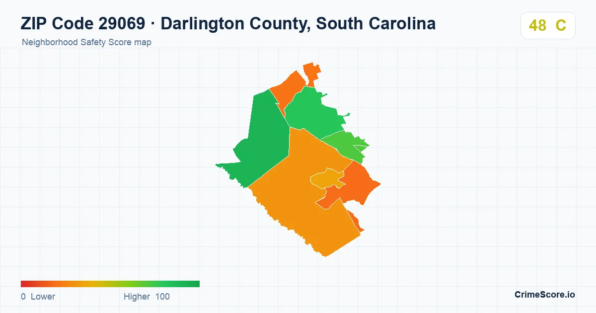 ZIP Code 29069 in Darlington County, South Carolina neighborhood Safety Score map