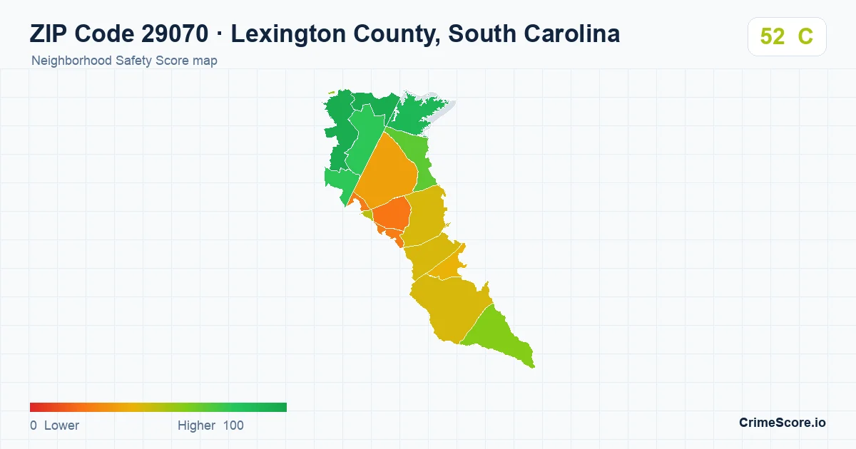ZIP Code 29070 in Lexington County, South Carolina neighborhood Safety Score map