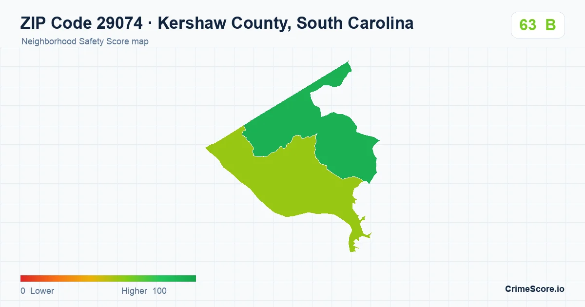 ZIP Code 29074 in Kershaw County, South Carolina neighborhood Safety Score map