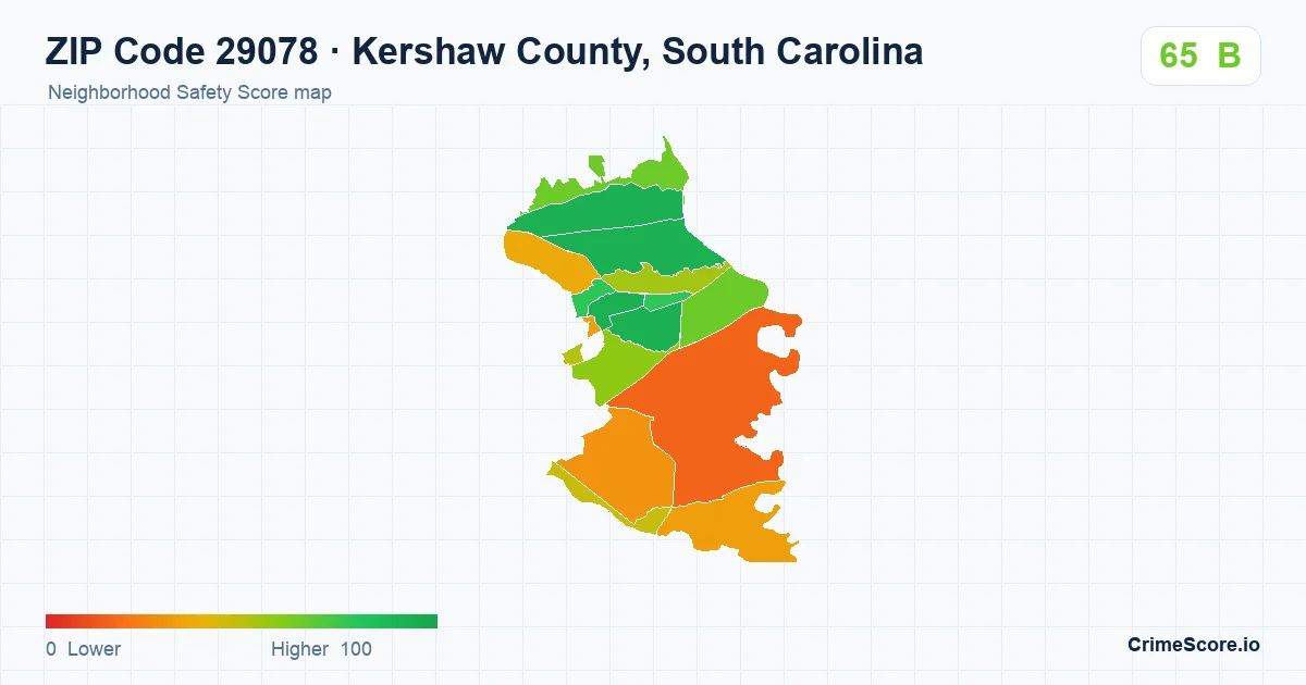 ZIP Code 29078 in Kershaw County, South Carolina neighborhood Safety Score map