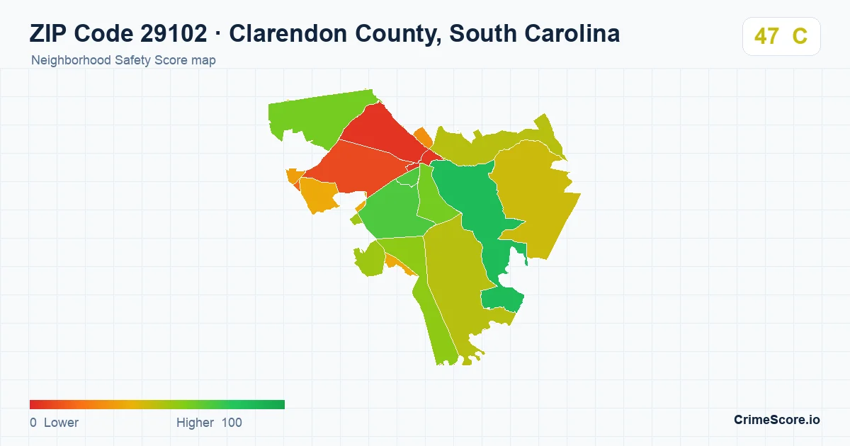 ZIP Code 29102 in Clarendon County, South Carolina neighborhood Safety Score map