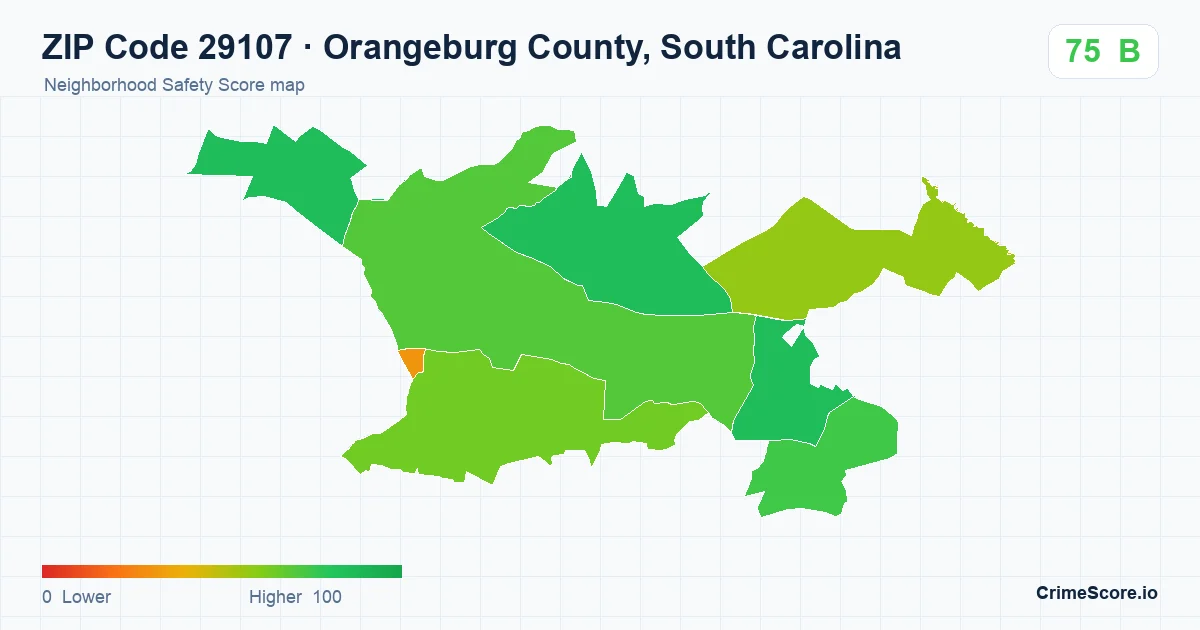 ZIP Code 29107 in Orangeburg County, South Carolina neighborhood Safety Score map