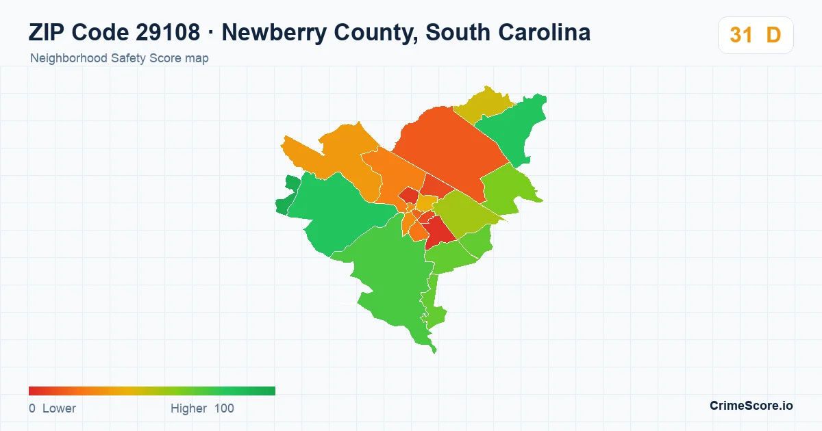 ZIP Code 29108 in Newberry County, South Carolina neighborhood Safety Score map