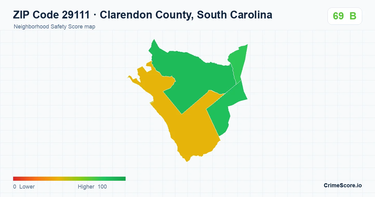 ZIP Code 29111 in Clarendon County, South Carolina neighborhood Safety Score map