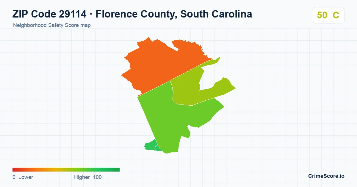 ZIP Code 29114 in Florence County, South Carolina neighborhood Safety Score map