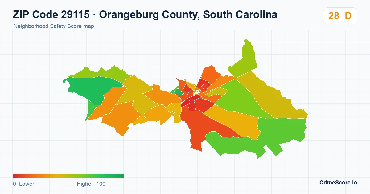 ZIP Code 29115 in Orangeburg County, South Carolina neighborhood Safety Score map