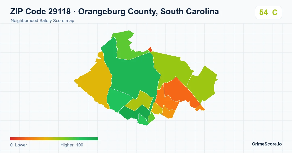 ZIP Code 29118 in Orangeburg County, South Carolina neighborhood Safety Score map