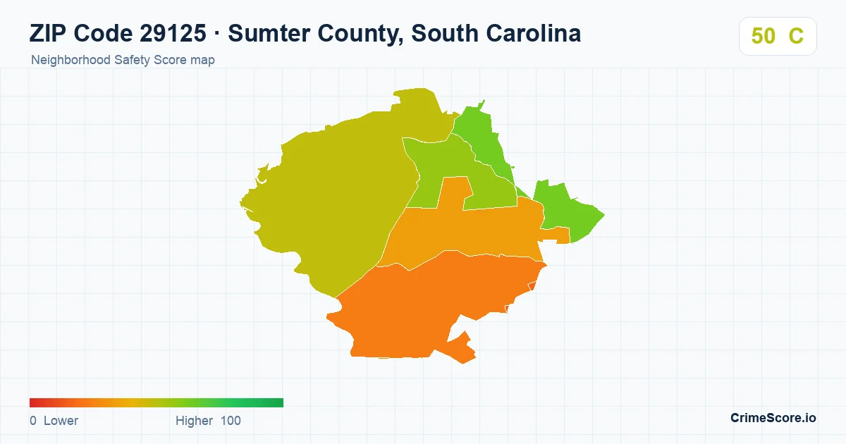 ZIP Code 29125 in Sumter County, South Carolina neighborhood Safety Score map